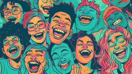 Vibrant illustration of diverse group of people laughing together, expressing joy and unity
