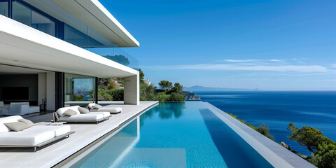 Obraz premium Luxury modern villa with infinity pool overlooking the ocean view