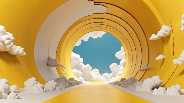 3d render, abstract minimal yellow background with white clouds flying out the tunnel