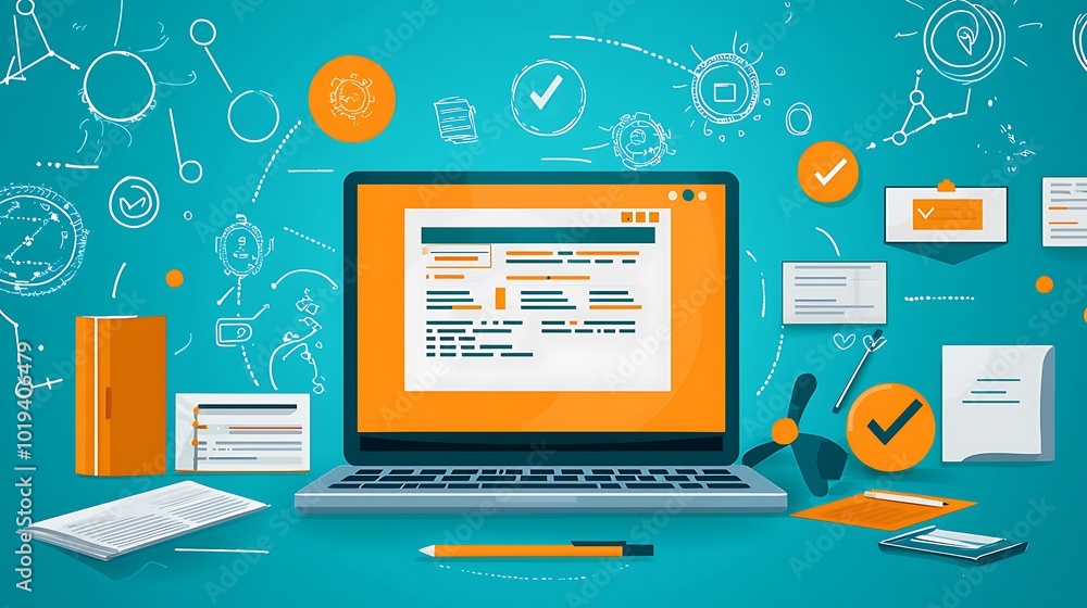 Aufkleber laptop with check marks and hand drawn sketches for workflow and business concept