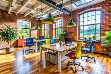 Obraz premium Stylish Exposed Brick Office Space with Modern Furniture and Bright Natural Light for Creative Work