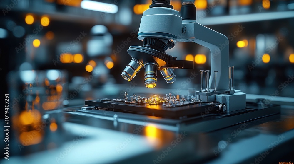 Poster a microscope examining a circuit board with glowing elements.