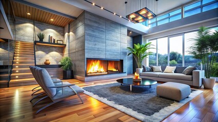 Fototapeta premium Stylish Modern Fireplace Enhancing the Warmth and Ambiance of a Contemporary Living Room Space