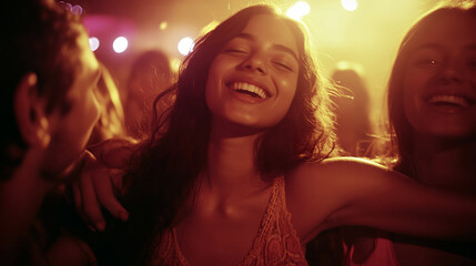 Naklejka premium joyful young woman smiling with friends during a music festival.