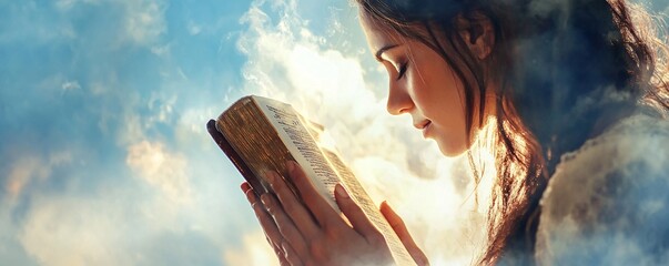 Young woman praying with a bible under a cloudy sky