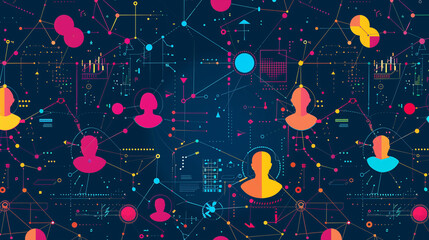 Fototapeta premium Abstract digital representation of social network connections with colorful human icons on dark background