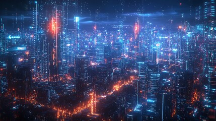 Fototapeta premium Futuristic Cityscape with Neon Lights and Digital Data Streams