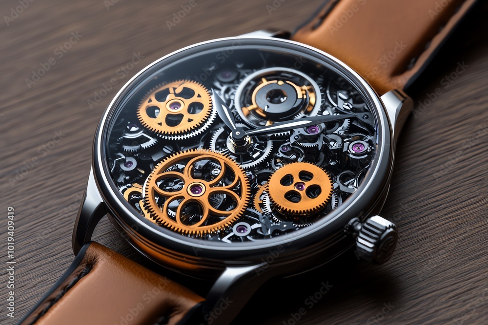 Poster hyper-realistic close-up of a disassembled mechanical watch, with intricate gears and springs laid o