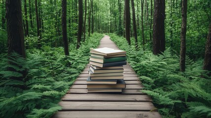 Fototapeta premium A path through a forest, with knowledge growing like trees on either side, symbolizing that learning is everywhere knowledge forest, endless growth