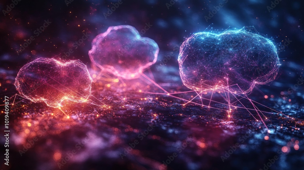 Poster abstract representation of interconnected clouds with glowing lines.