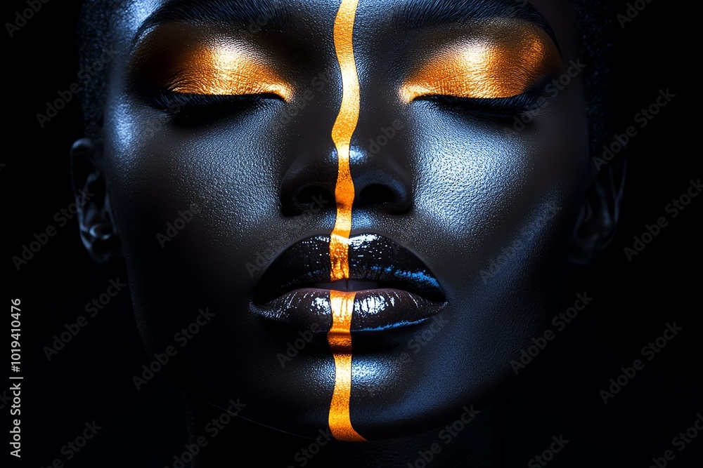Aufkleber Hyper-realistic close-up of a face, split down the middle with one half in bright light and the other in deep shadow, symbolizing the duality of self