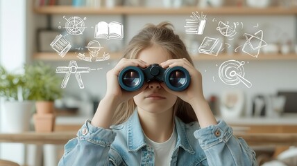 A person looking through binoculars, seeing symbols of knowledge in the distance, showing that learning never stops   discovery, infinite horizons of learning