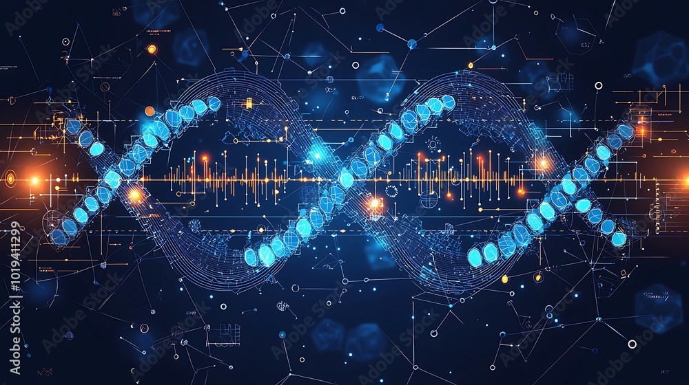 Aufkleber abstract dna double helix with digital network science background