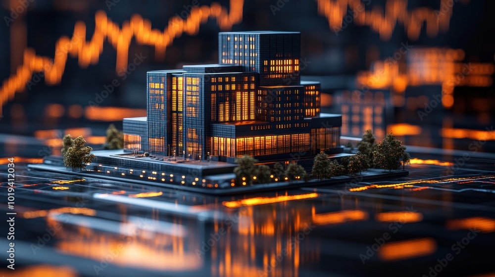 Poster a modern building model amidst digital financial data visualization.