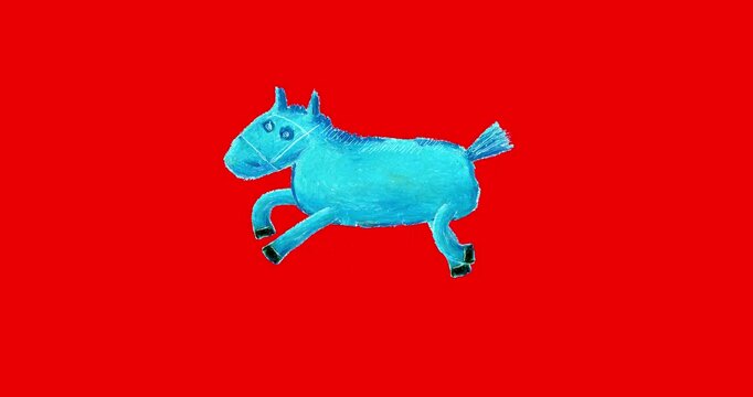 Kid's drawing oil crayon horse moving redbox. Crazy doodle cartoon style red screen isolated. Hand made children art brought to life. 
