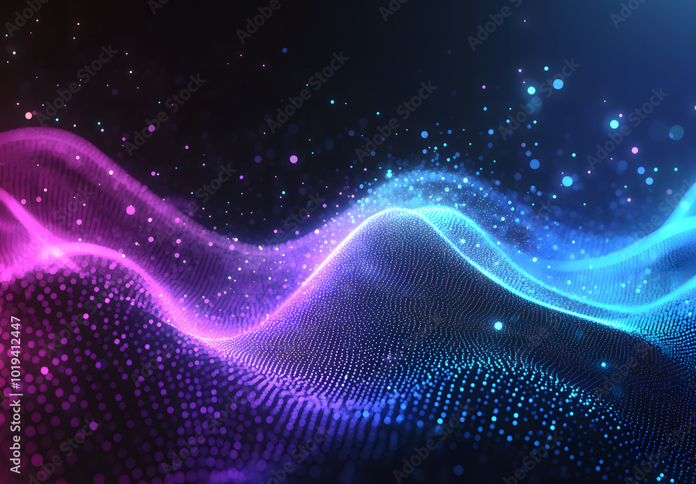 Poster abstract glowing dots forming a wave on a dark background design, representing digital technology de