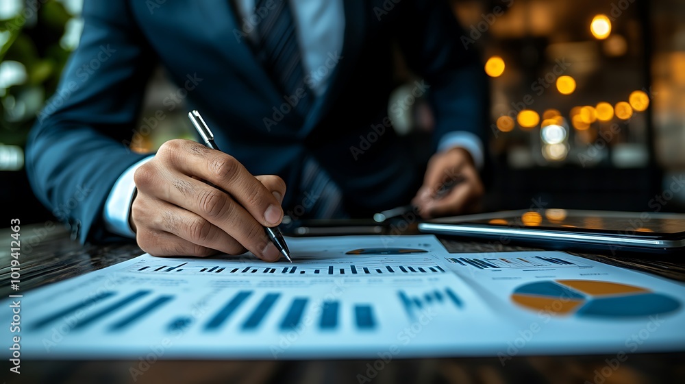 Poster businessman analyzing financial data with charts and graphs