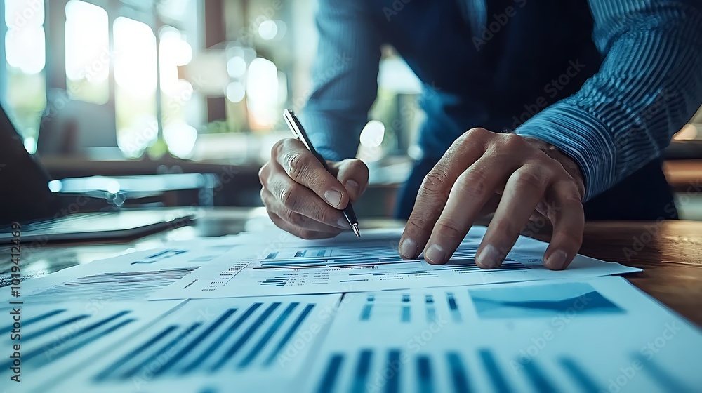 Poster businessman analyzing financial data with graphs and charts