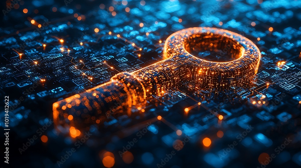 Poster digital key on circuit board cyber security technology network