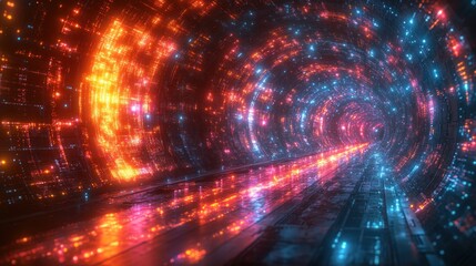 Obraz premium A vibrant, futuristic tunnel illuminated by colorful lights.