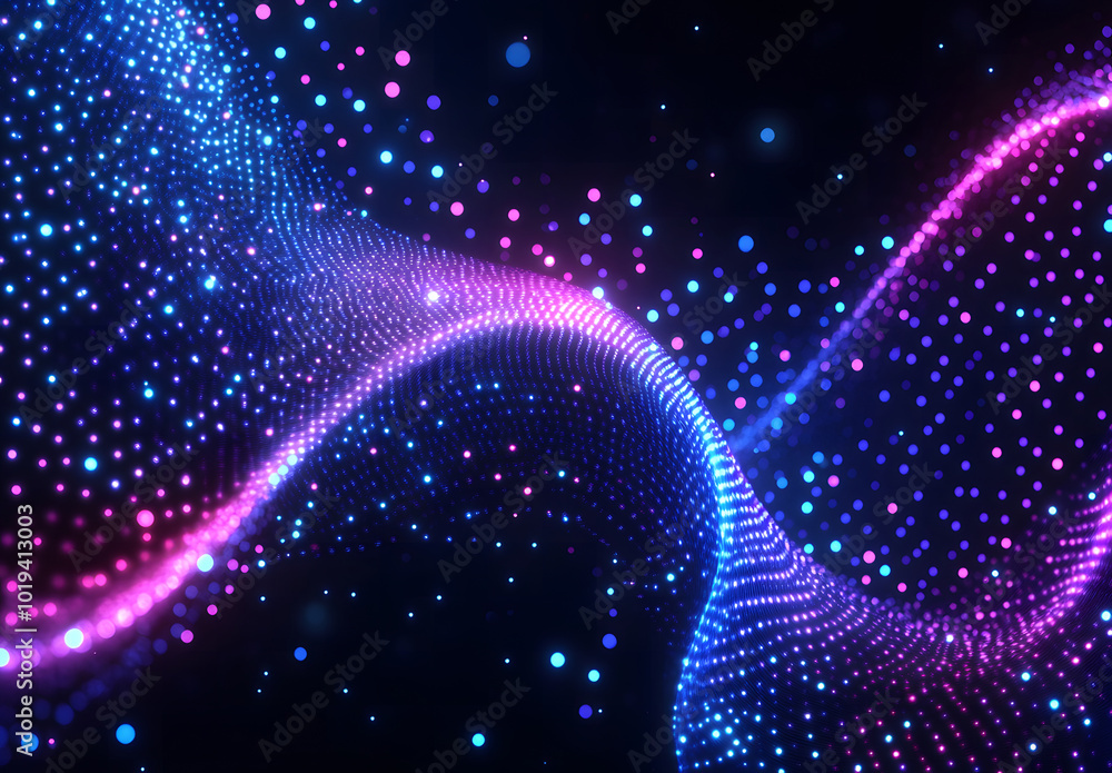 Poster abstract glowing dots forming a wave on a dark background design, representing digital technology de