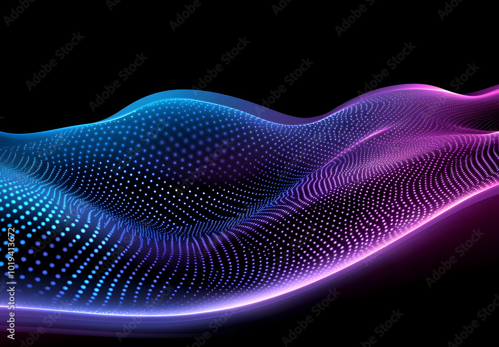 Poster abstract glowing dots forming a wave on a dark background design, representing digital technology de