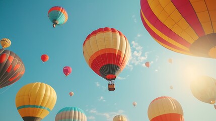 Obraz premium Colorful Hot Air Balloons Soaring in Blue Sky with Sun Flare