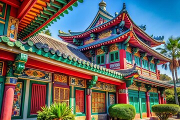 Naklejka premium Traditional Eastern Building Architecture with Ornate Design Elements in Los Angeles Neighborhood