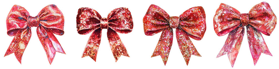 Collection of decorative red bows on a white isolated background.