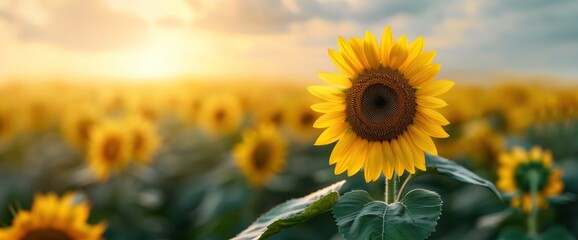Obraz premium Captivating Sunflower Field at Sunset A Blooming Scene of Natural Beauty