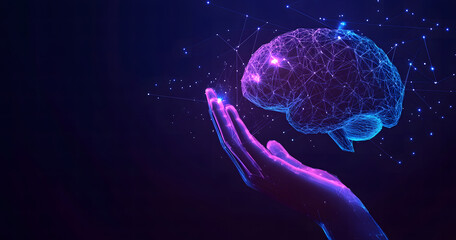 Fototapeta premium Futuristic Hand Holding a Digital Brain with Neural Network Connections