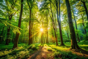 Naklejka premium Tranquil Forest Scene with Lush Green Trees, Sunlight Filtering Through Leaves, and Serene Atmosphere