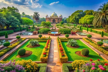 Naklejka premium Tranquil Garden of Five Senses in New Delhi Featuring Lush Greenery and Serene Landscapes