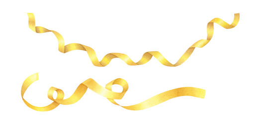Set of shiny yellow, golden serpentine ribbon with curls on isolated background. Hand drawn watercolor illustration. Holiday decoration for design, cards, invitations, congratulations, packaging