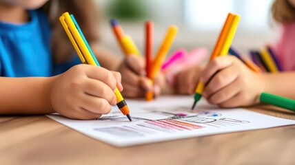 Children drawing colorful pictures with markers and crayons, sharing their creations with each other   drawing time, creative activity