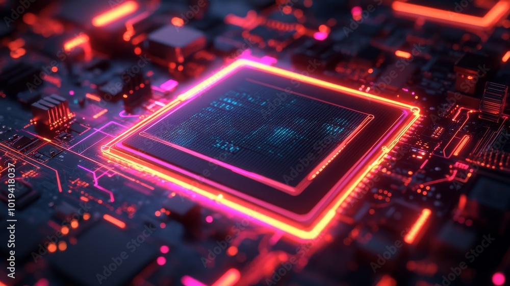 Poster close-up of a glowing computer chip on a circuit board