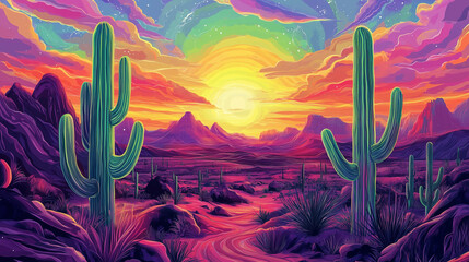 illustration of psychedelic style cactus and desert at the sunset