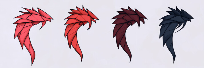 Four stylized dragon wings in different colors.