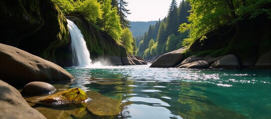 Lush green forest with a flowing river and cascading waterfall