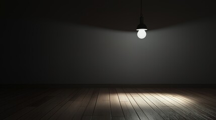 Dark empty room with single flickering light bulb casting long shadows, emphasizing absence of power and eerie atmosphere, minimalist setting with focus on light bulb's glow.