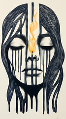A woman's face with a flame coming out of her nose, depicted in a black and white illustration.
