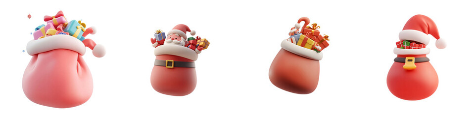 PNG 3d icons and objects collection Festive Santa bags filled with gifts and decorations create joyful atmosphere, on transparent, white background, isolate