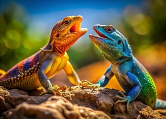 Fototapeta premium Two Colorful Lizards Engaged in a Fierce Battle in a Natural Outdoor Environment Under Sunlight