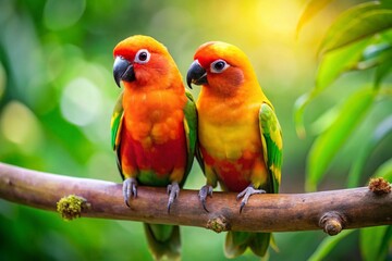 Fototapeta premium Two Colorful Love Birds Sitting Together on a Branch in a Lush Green Natural Environment