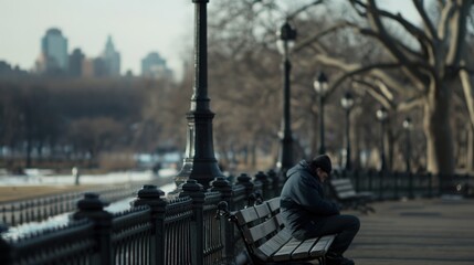 Fototapeta premium Man sitting alone on park bench with worried expression, surrounded by empty benches, capturing loneliness and uncertainty of unemployment.
