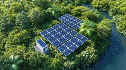 Aerial View of Solar Panels in Lush Green Tropical Forest with River