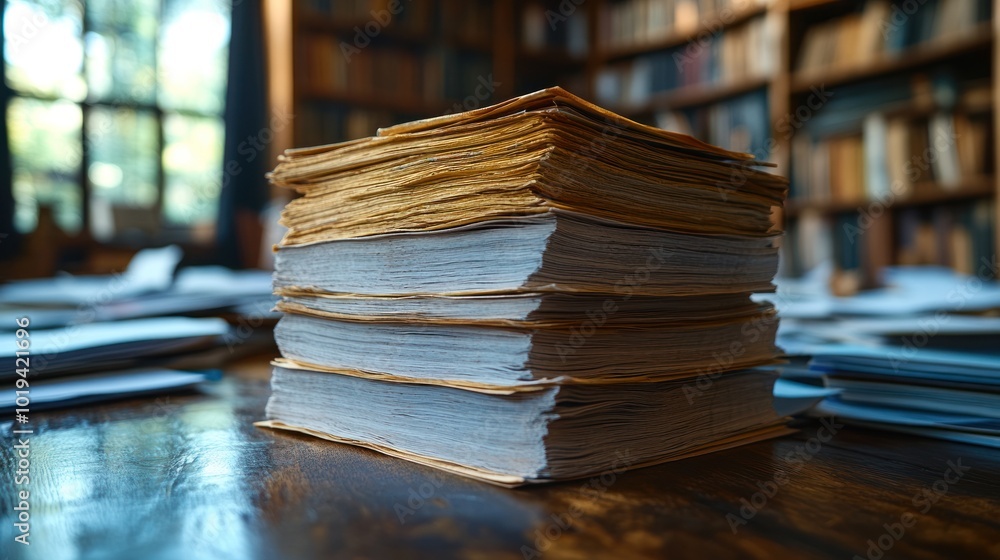 Poster a stack of papers on a wooden table in a library setting.