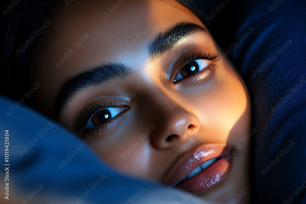 Poster hyper-realistic close-up of a personâ€™s peaceful face as they sleep at night, with the faint glow o