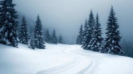 Fototapeta premium Serene winter landscape with snow-covered pines and winding path