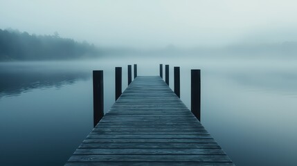 Obraz premium Serene foggy pier extending into tranquil lake waters